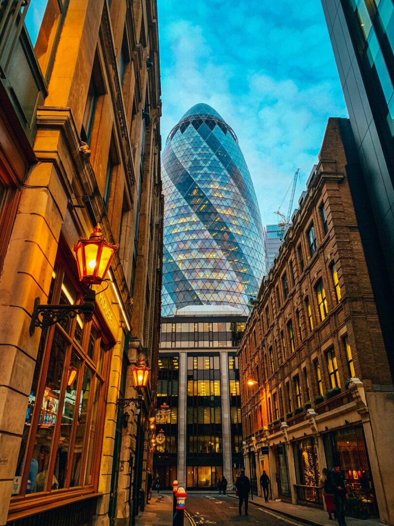 A view of the gherkin building from across the street.